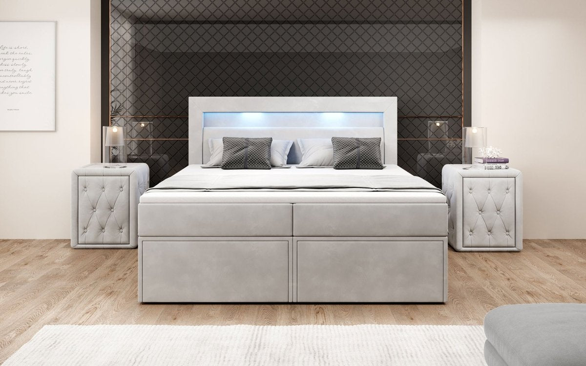 Luxuriöses Amélie Boxspringbett aus Samt mit LED-Beleuchtung und viel Stauraum