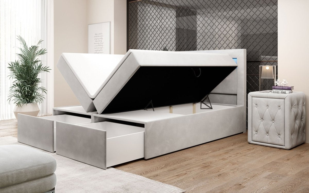 Luxuriöses Amélie Boxspringbett aus Samt mit LED-Beleuchtung und viel Stauraum
