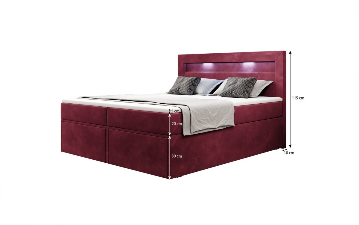 Luxuriöses Amélie Boxspringbett aus Samt mit LED-Beleuchtung und viel Stauraum