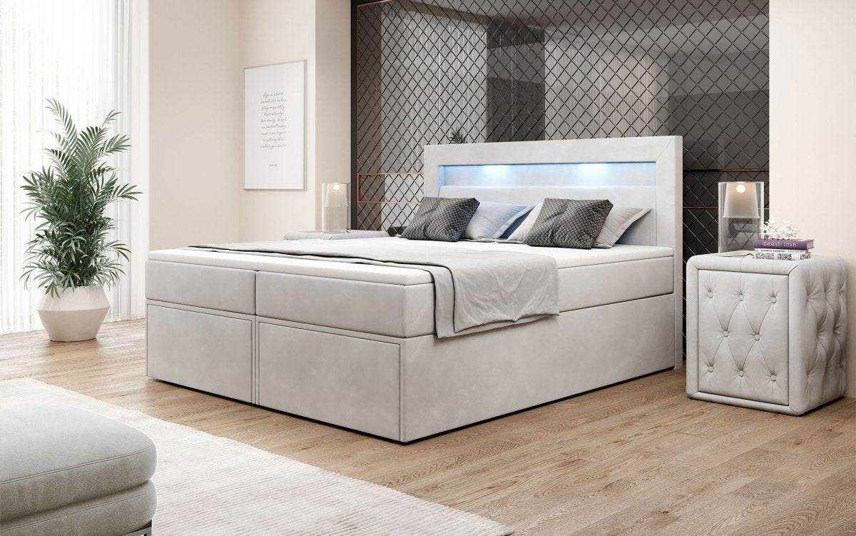 Luxuriöses Amélie Boxspringbett aus Samt mit LED-Beleuchtung und viel Stauraum