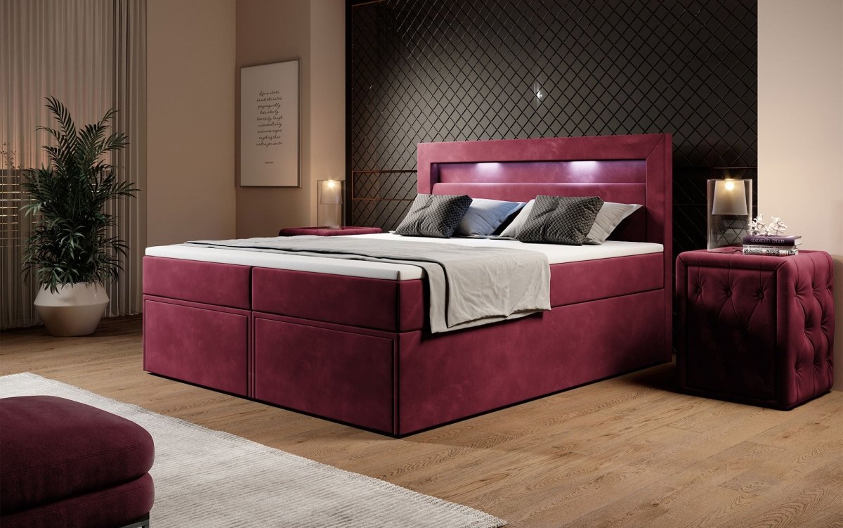 Luxuriöses Amélie Boxspringbett aus Samt mit LED-Beleuchtung und viel Stauraum