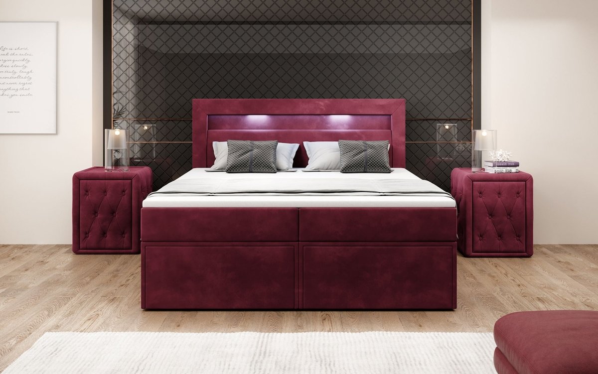 Luxuriöses Amélie Boxspringbett aus Samt mit LED-Beleuchtung und viel Stauraum