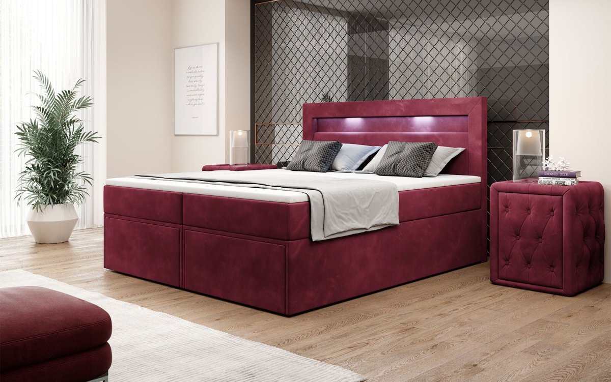Luxuriöses Amélie Boxspringbett aus Samt mit LED-Beleuchtung und viel Stauraum