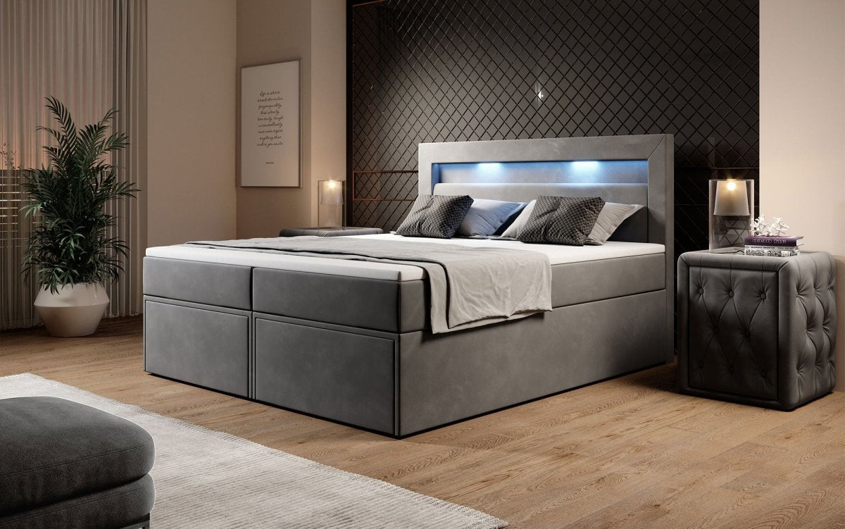 Luxuriöses Amélie Boxspringbett aus Samt mit LED-Beleuchtung und viel Stauraum