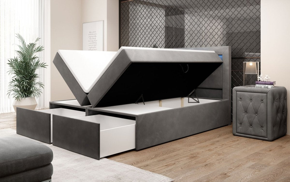 Luxuriöses Amélie Boxspringbett aus Samt mit LED-Beleuchtung und viel Stauraum