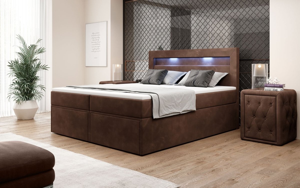 Luxuriöses Amélie Boxspringbett aus Samt mit LED-Beleuchtung und viel Stauraum