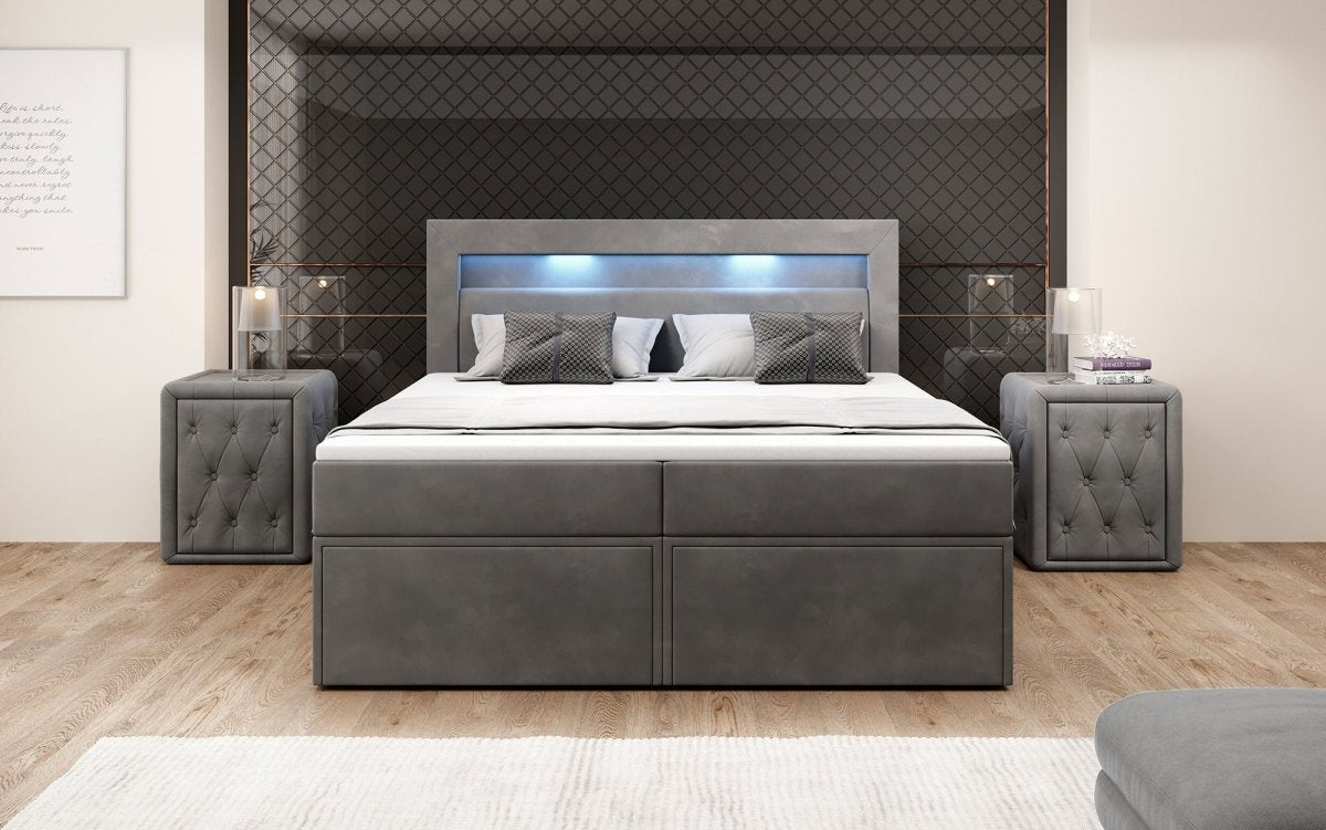Luxuriöses Amélie Boxspringbett aus Samt mit LED-Beleuchtung und viel Stauraum
