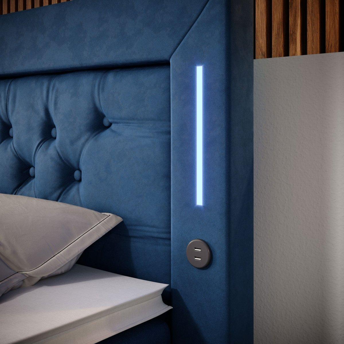 Luxuriöses Boxspringbett Charme mit LED, USB, Stauraum, Komfort Matratze