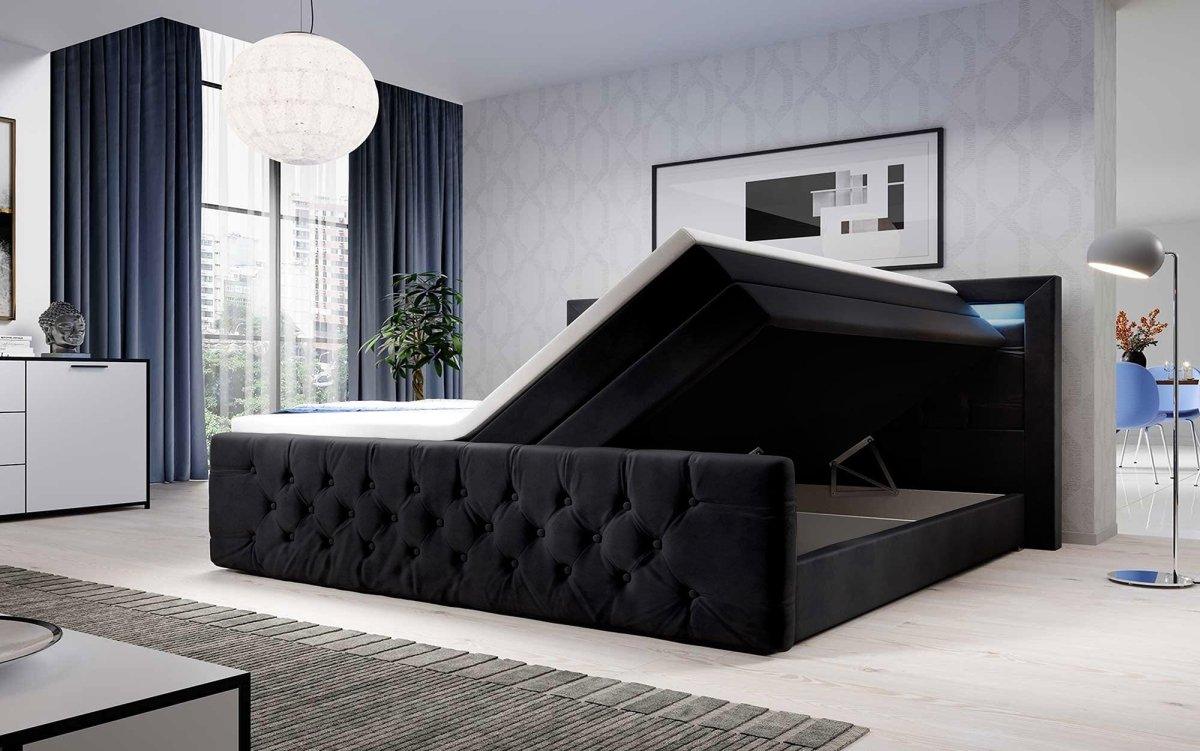Luxuriöses Boxspringbett Gloria mit LED-Beleuchtung und Praktischem Stauraum – Samtbezug, Hoher Komfort