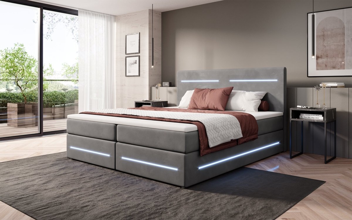 Luxuriöses Boxspringbett Lara: Samtbezug, LED-Beleuchtung, Praktischer Stauraum, Höchster Schlafkomfort