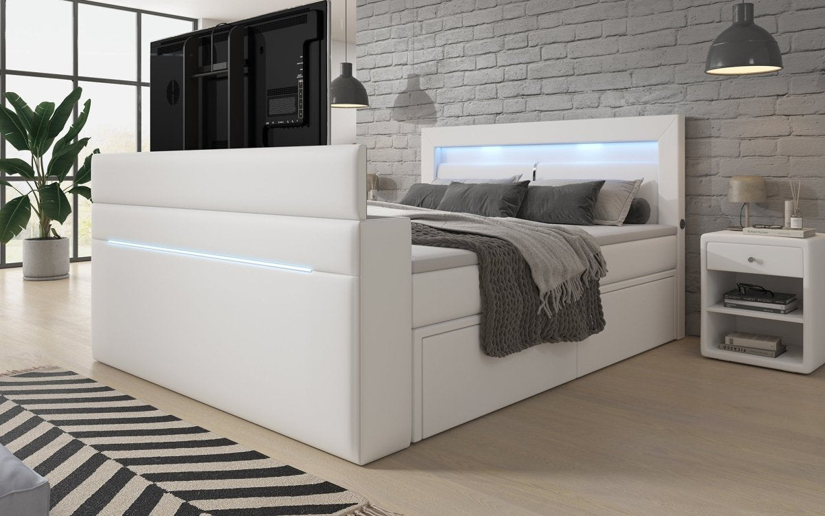 Luxuriöses Boxspringbett Rinori: TV-Lift, USB, LED & Stauraum Deluxe