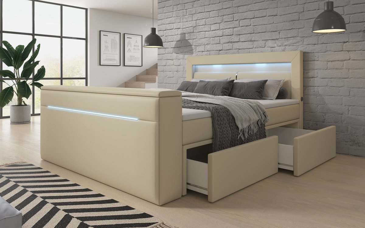 Rinori Luxus Boxspringbett mit TV-Lift, USB, LED-Beleuchtung und Stauraum
