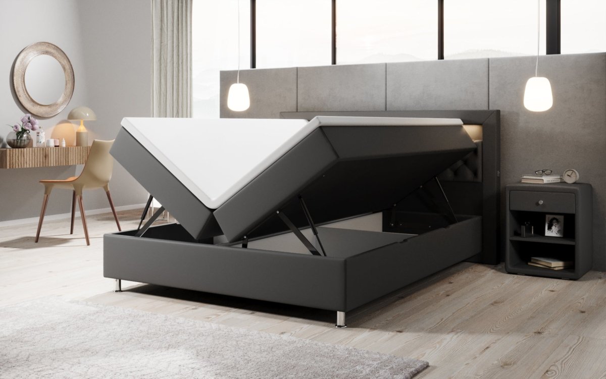 Luxus Boxspringbett Tesero mit Integriertem Stauraum, USB-Ladeanschlüssen und RGB-LED-Beleuchtung