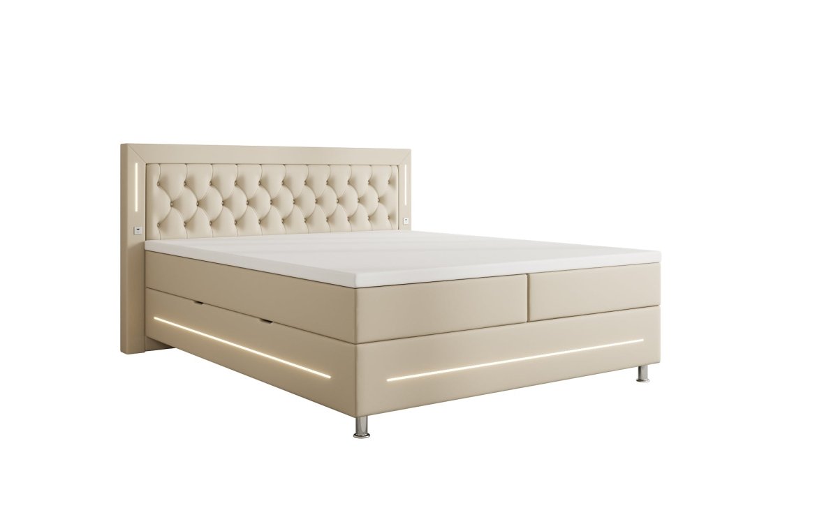 Luxuriöses Boxspringbett Verdino mit RGB-Beleuchtung, USB-Anschlüssen und Praktischem Stauraum