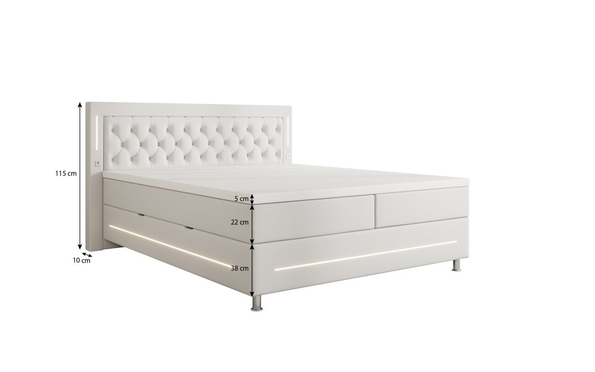 Luxuriöses Boxspringbett Verdino mit RGB-Beleuchtung, USB-Anschlüssen und Praktischem Stauraum