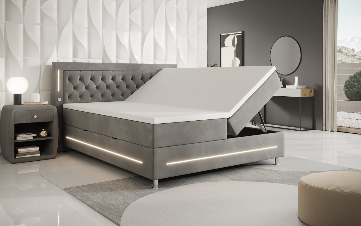 Luxuriöses Boxspringbett Tino: RGB-Beleuchtung, USB-Anschlüsse, praktischer Stauraum für Ihr Zuhause