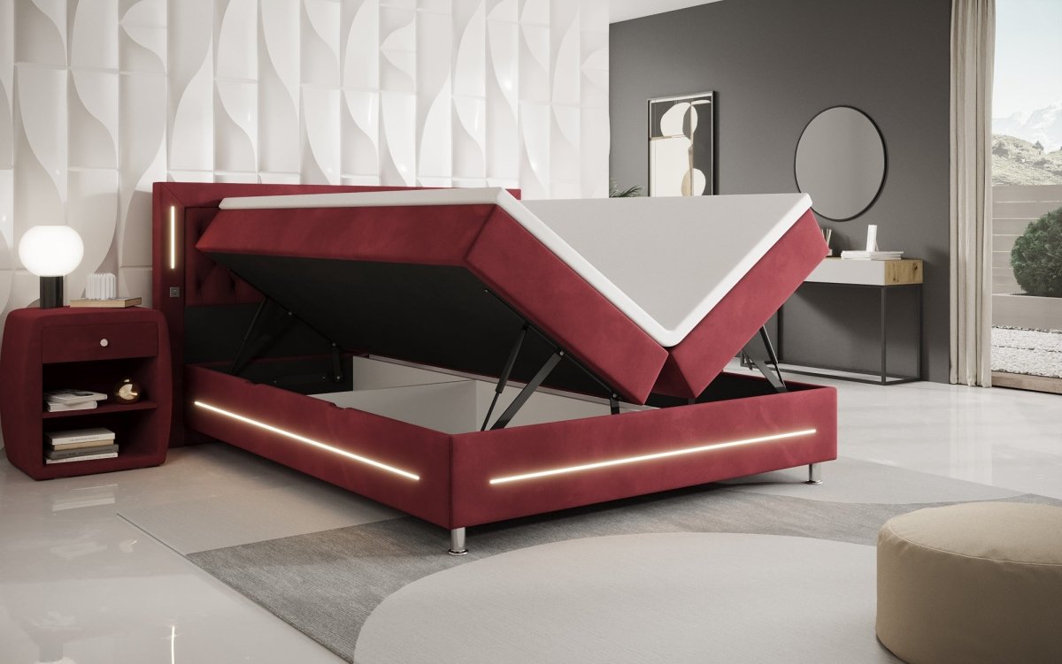 Luxuriöses Boxspringbett Tino: RGB-Beleuchtung, USB-Anschlüsse, praktischer Stauraum für Ihr Zuhause