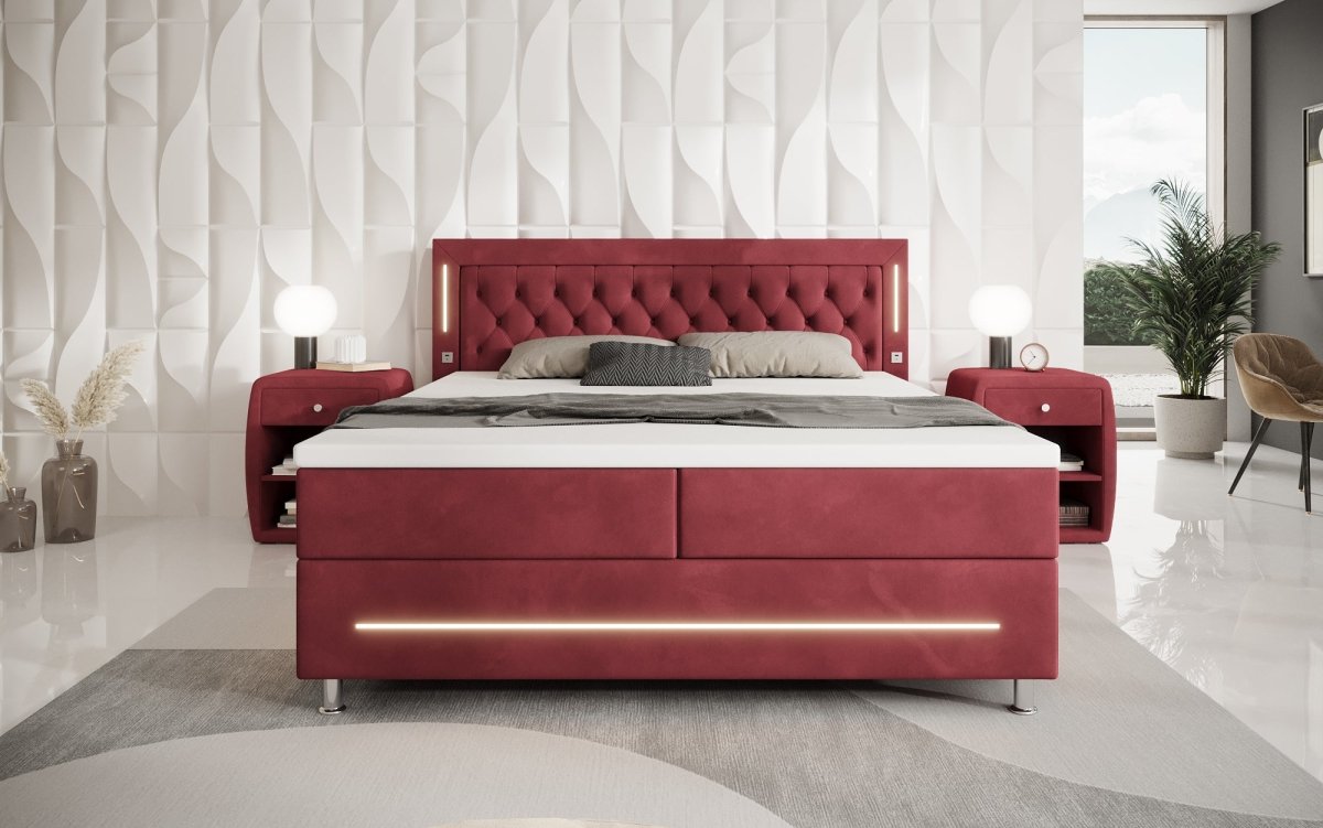 Luxuriöses Boxspringbett Tino: RGB-Beleuchtung, USB-Anschlüsse, praktischer Stauraum für Ihr Zuhause