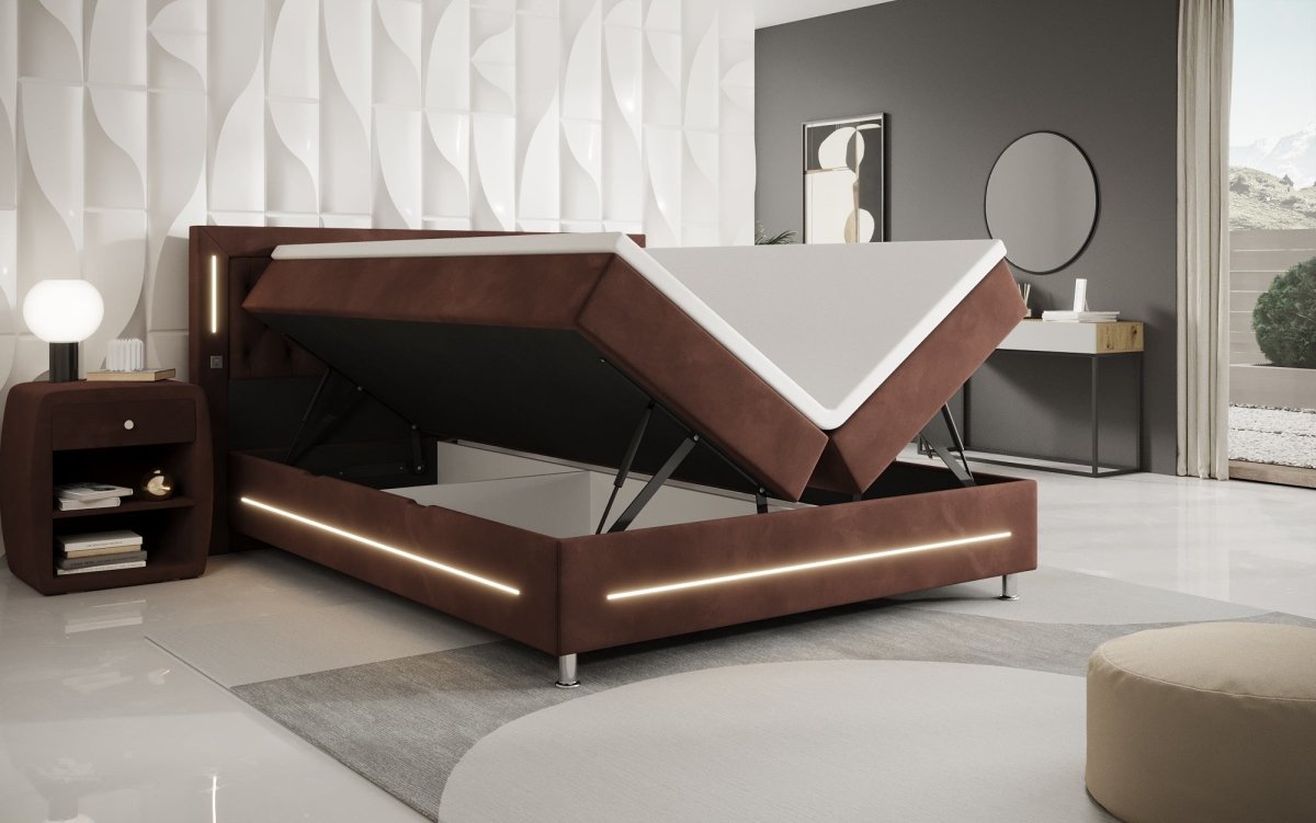 Luxuriöses Boxspringbett Tino: RGB-Beleuchtung, USB-Anschlüsse, praktischer Stauraum für Ihr Zuhause