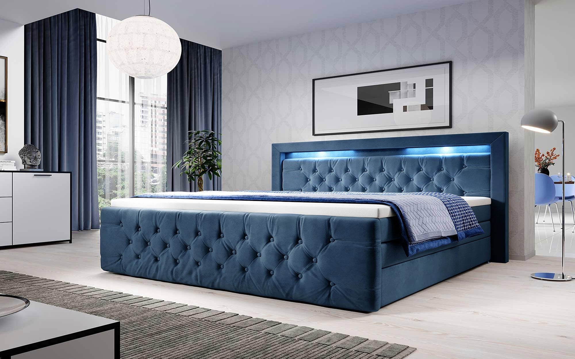 Luxuriöses Gloria Boxspringbett mit LED, Samtbezug und Stauraum
