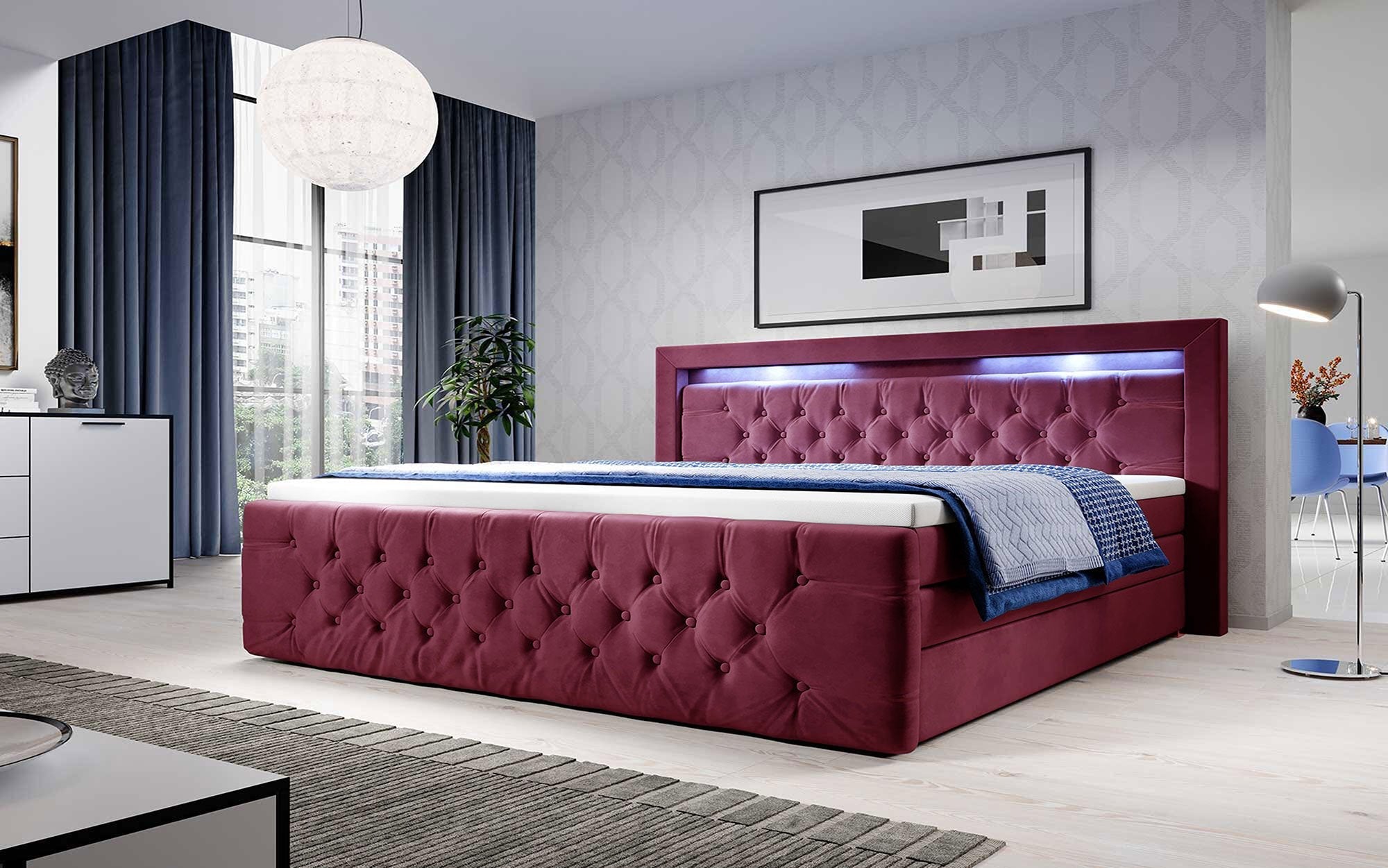 Luxuriöses Gloria Boxspringbett mit LED, Samtbezug und Stauraum