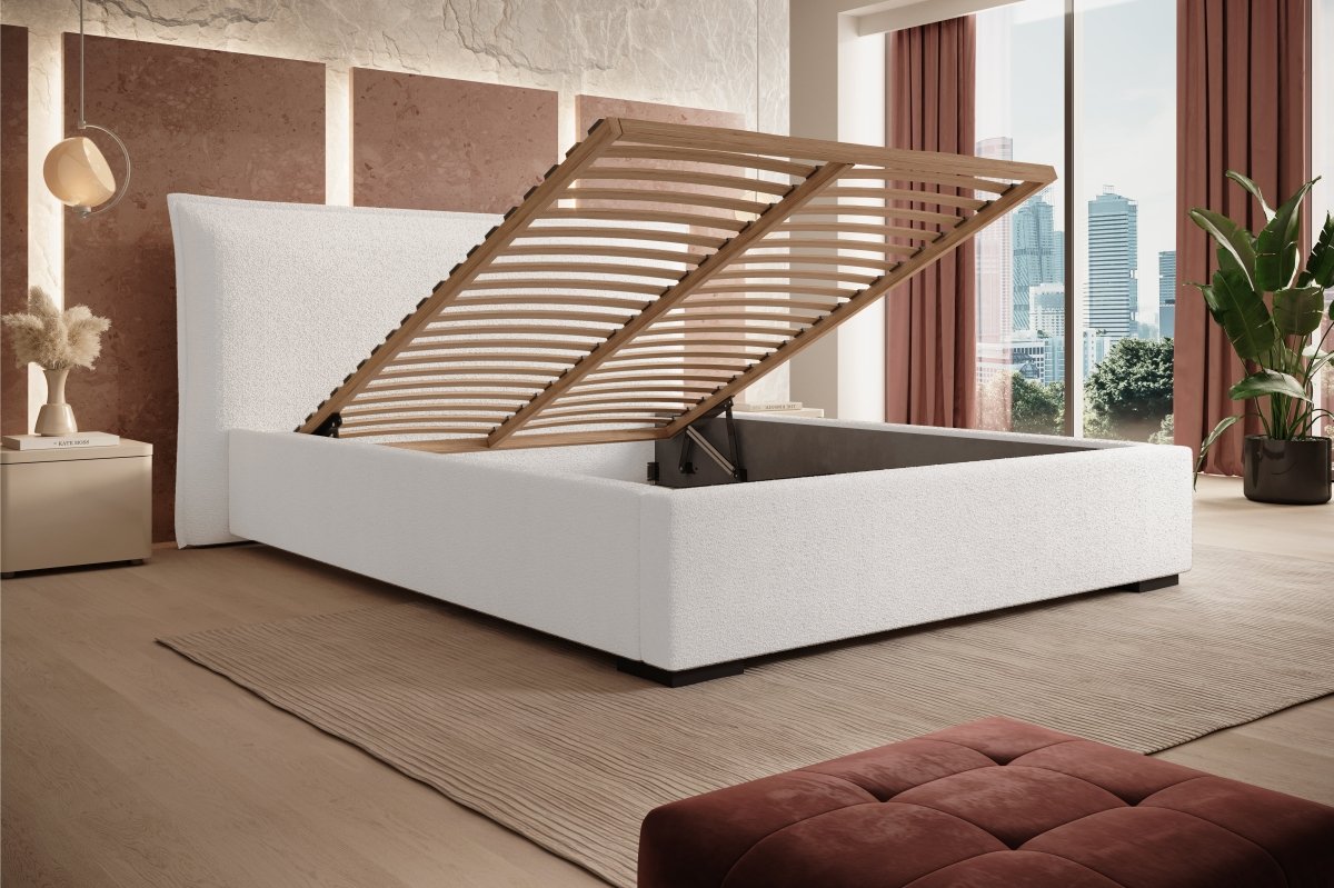 Luxuriöses Designer Bouclé Polsterbett Namino mit Großem Integriertem Stauraum