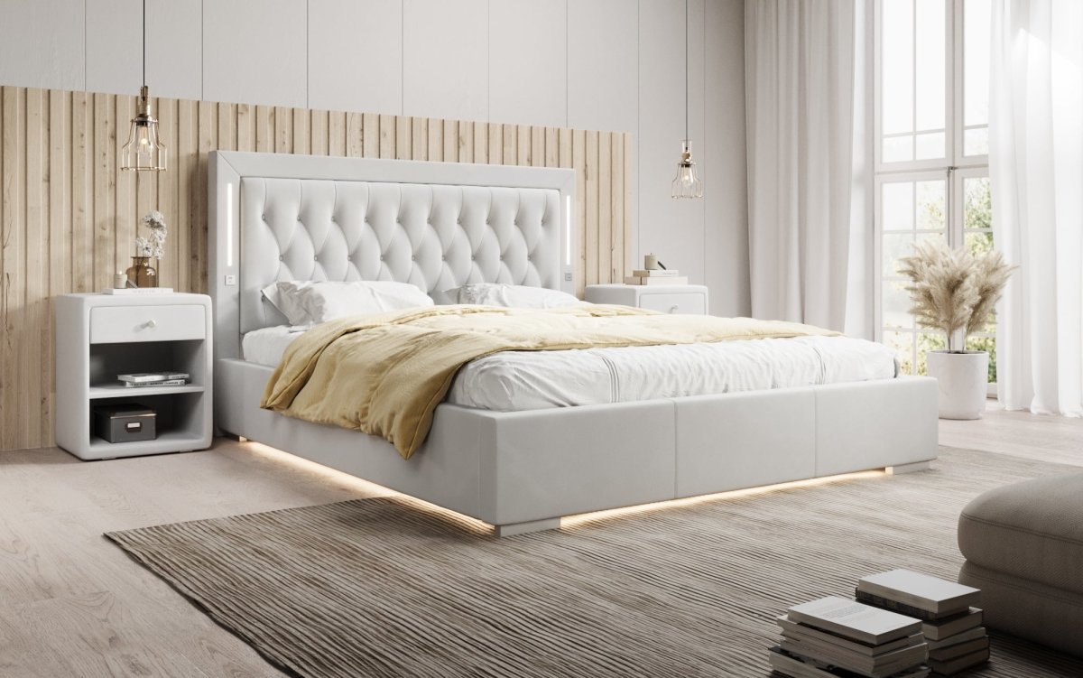 Luxuriöses Designer-Polsterbett Relina: Samt, RGB-Beleuchtung, USB & Geräumiger Stauraum