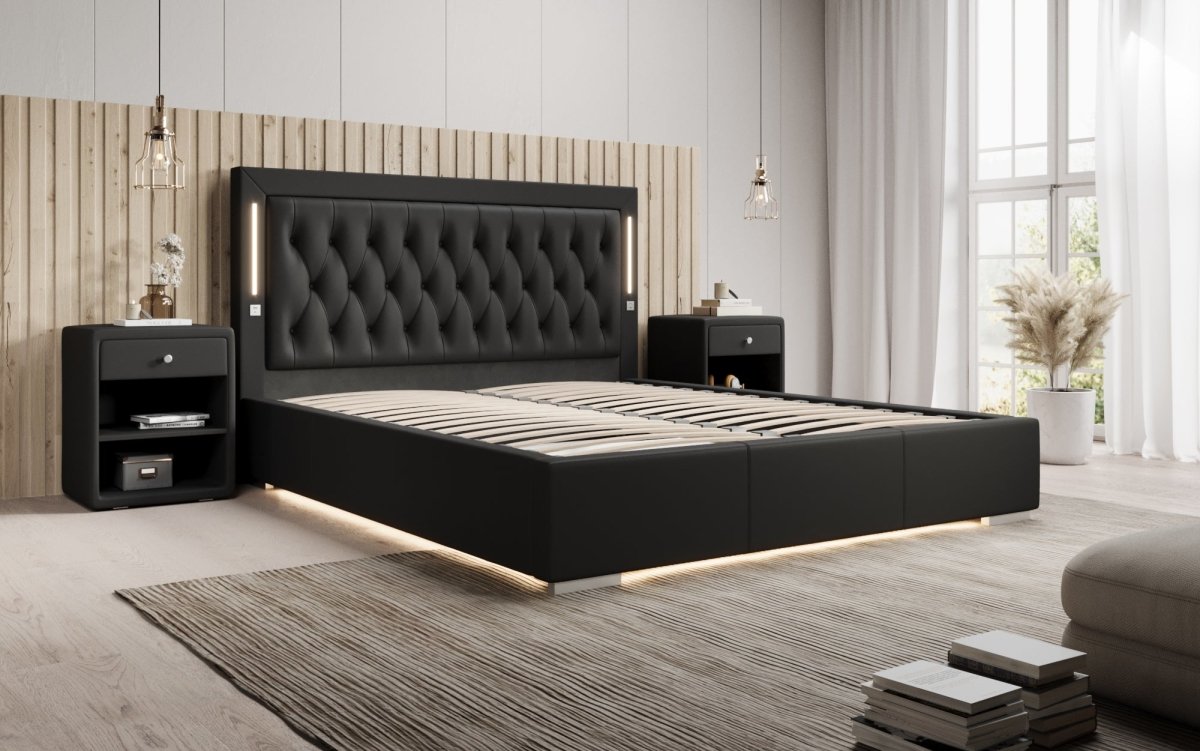 Luxuriöses Designer Polsterbett Rio mit RGB-Beleuchtung, USB-Anschluss und Stauraum