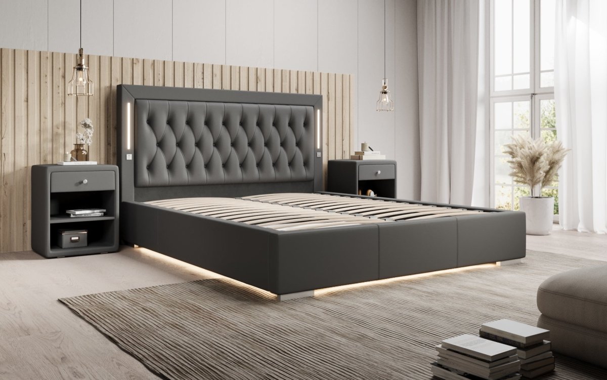 Luxuriöses Designer Polsterbett Rio mit RGB-Beleuchtung, USB-Anschluss und Stauraum