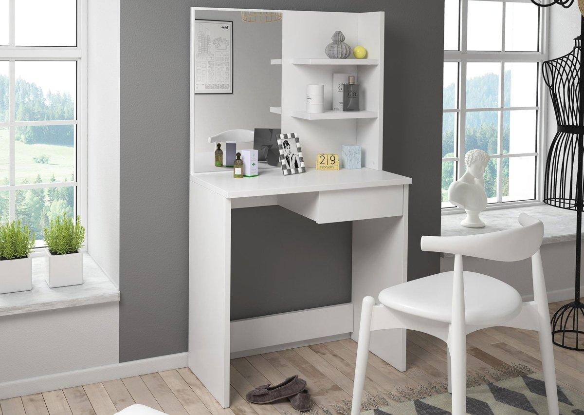 Eleganter Designer Schminktisch Charme mit Spiegel, Schublade und Regalen für Kosmetik