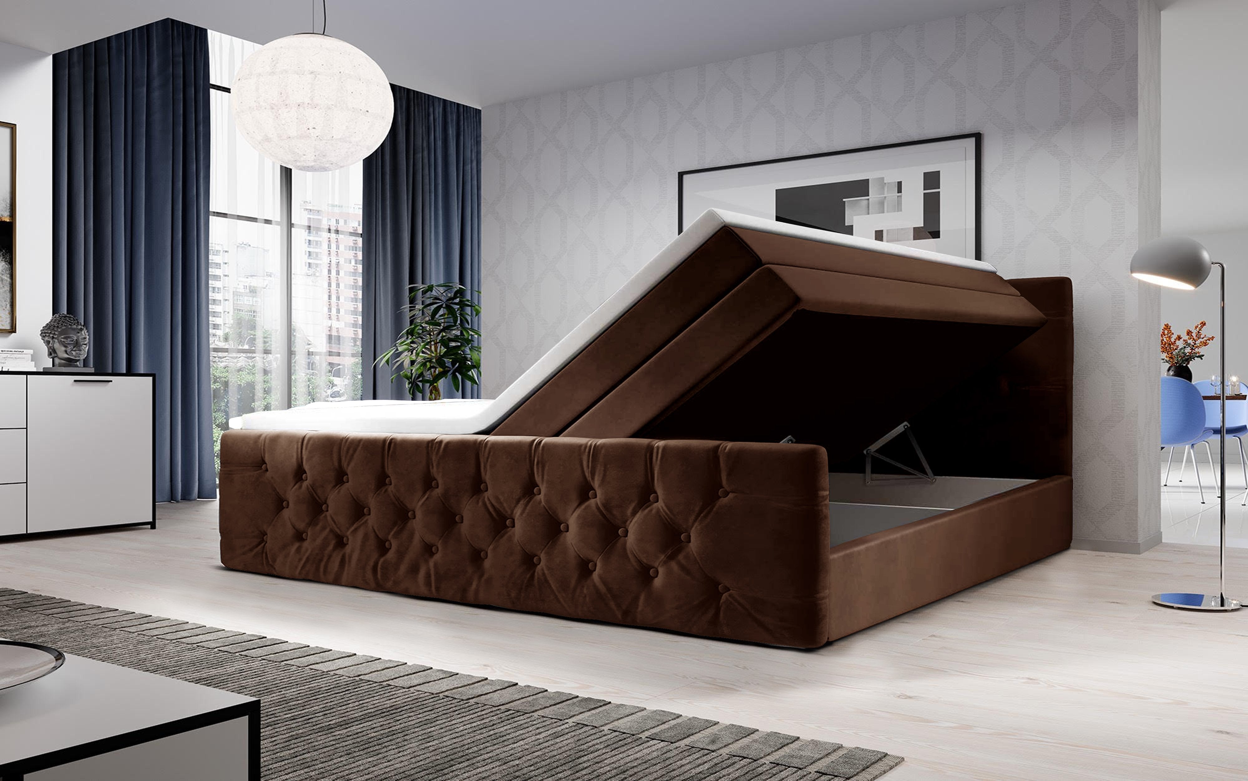 Velutto Boxspringbett Samtbezug Stauraum 6 Farben Chesterfield-Stil Bonnellfederkernmatratze Luxus