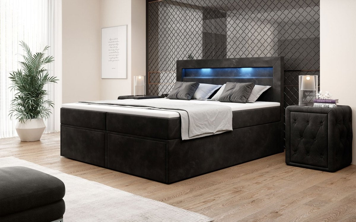 Luxuriöses Amélie Boxspringbett aus Samt mit LED-Beleuchtung und viel Stauraum