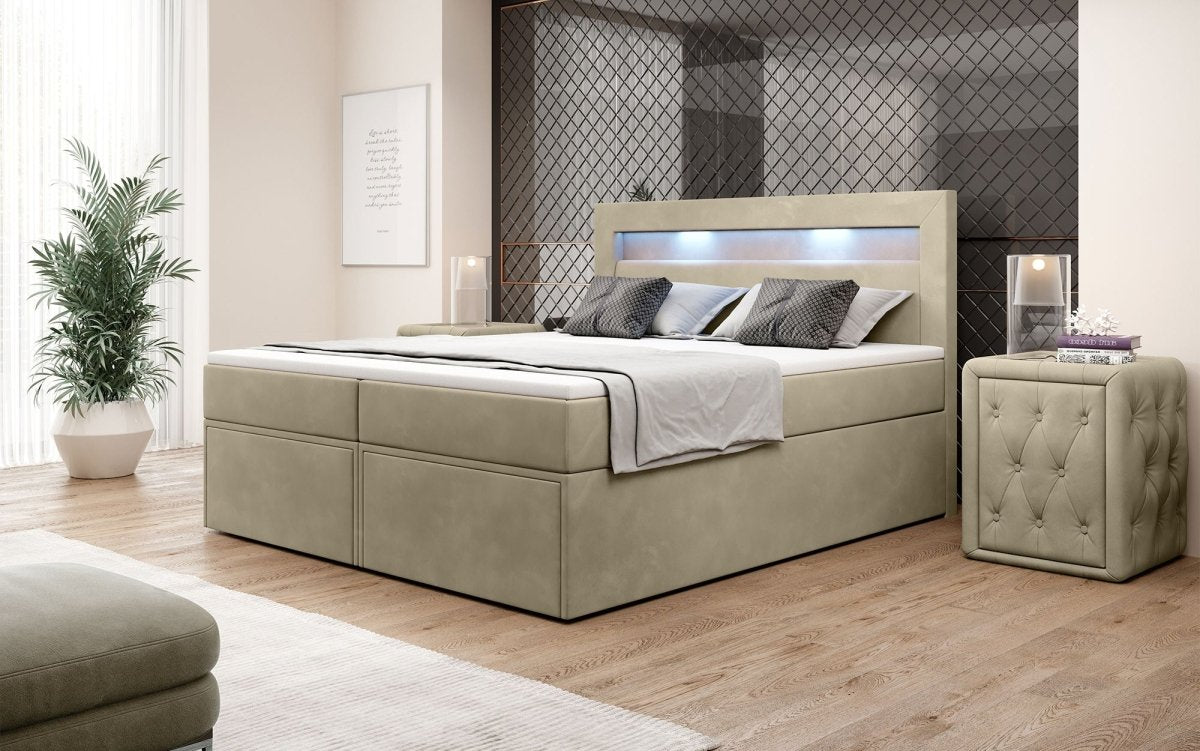 Luxuriöses Amélie Boxspringbett aus Samt mit LED-Beleuchtung und viel Stauraum