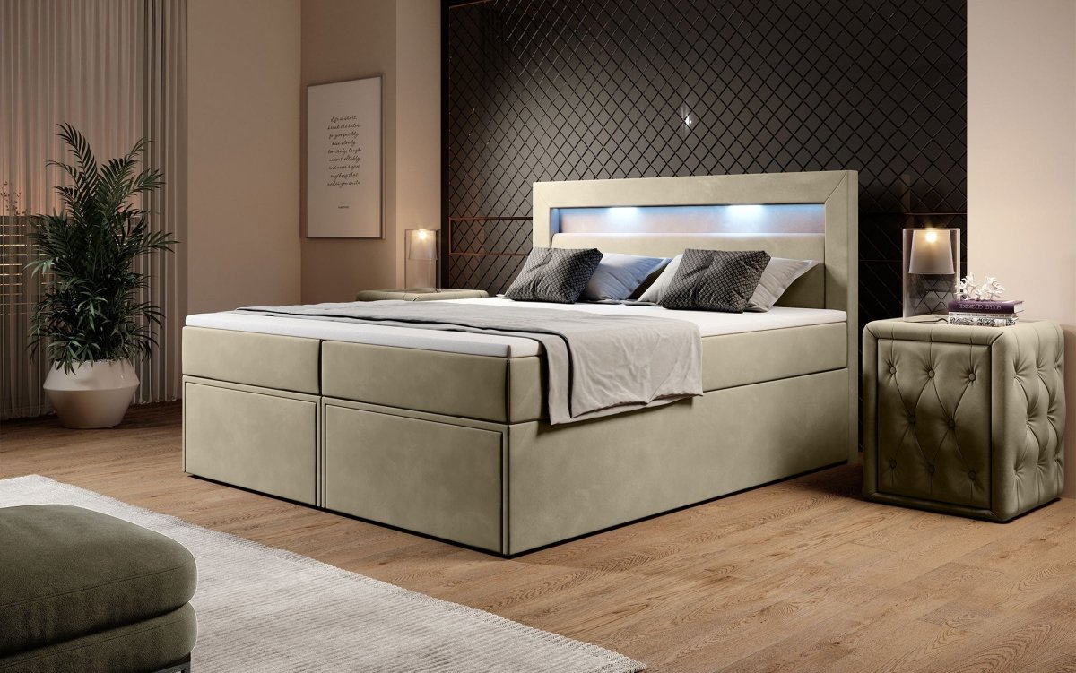 Luxuriöses Amélie Boxspringbett aus Samt mit LED-Beleuchtung und viel Stauraum
