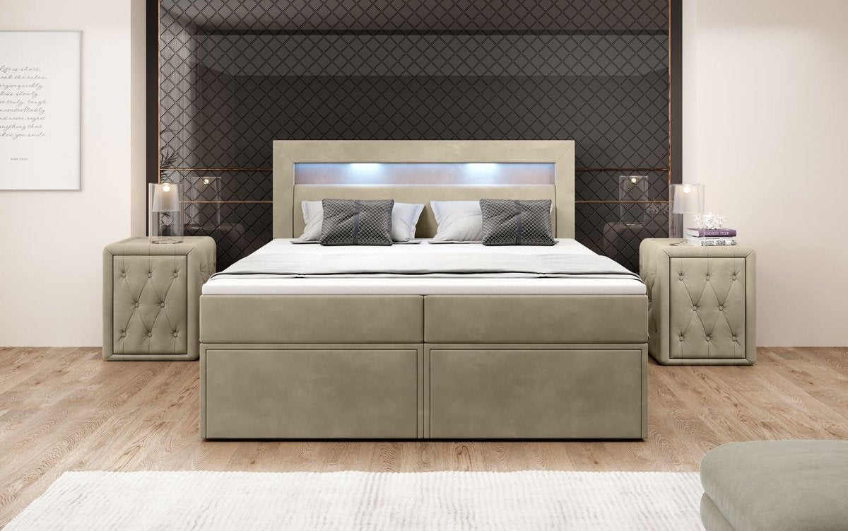 Luxuriöses Amélie Boxspringbett aus Samt mit LED-Beleuchtung und viel Stauraum