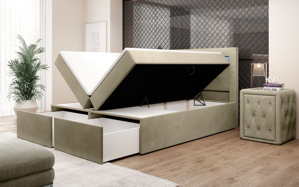 Luxuriöses Amélie Boxspringbett aus Samt mit LED-Beleuchtung und viel Stauraum