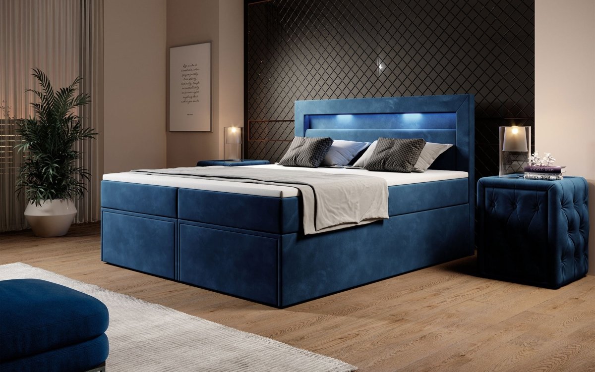 Luxuriöses Amélie Boxspringbett aus Samt mit LED-Beleuchtung und viel Stauraum
