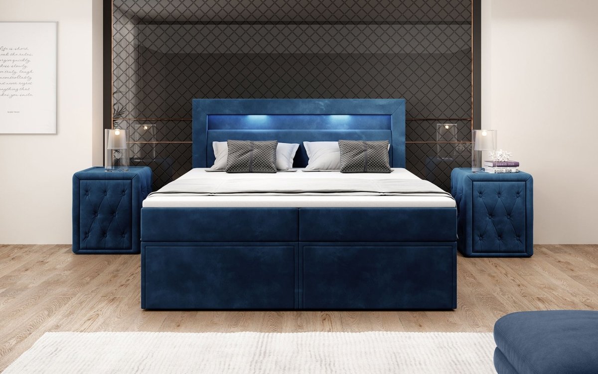Luxuriöses Amélie Boxspringbett aus Samt mit LED-Beleuchtung und viel Stauraum