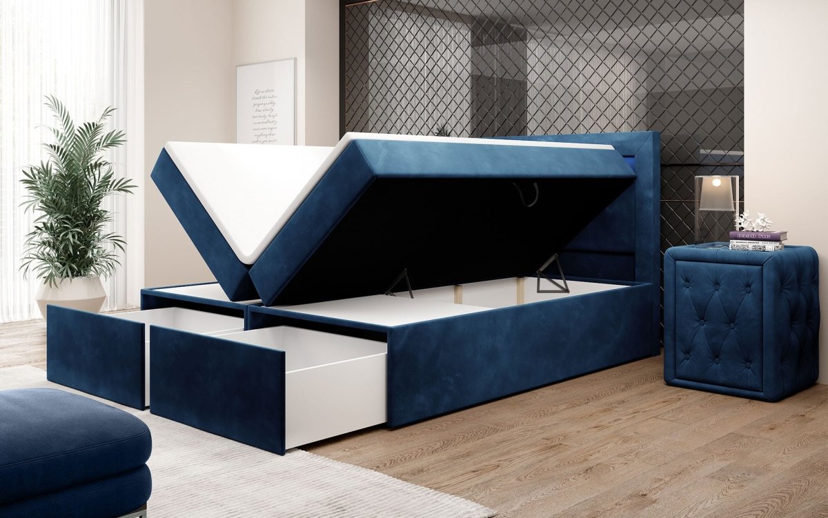 Luxuriöses Amélie Boxspringbett aus Samt mit LED-Beleuchtung und viel Stauraum