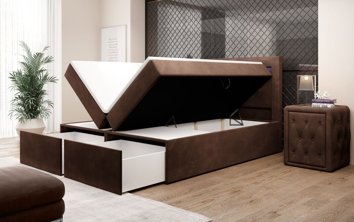 Luxuriöses Amélie Boxspringbett aus Samt mit LED-Beleuchtung und viel Stauraum