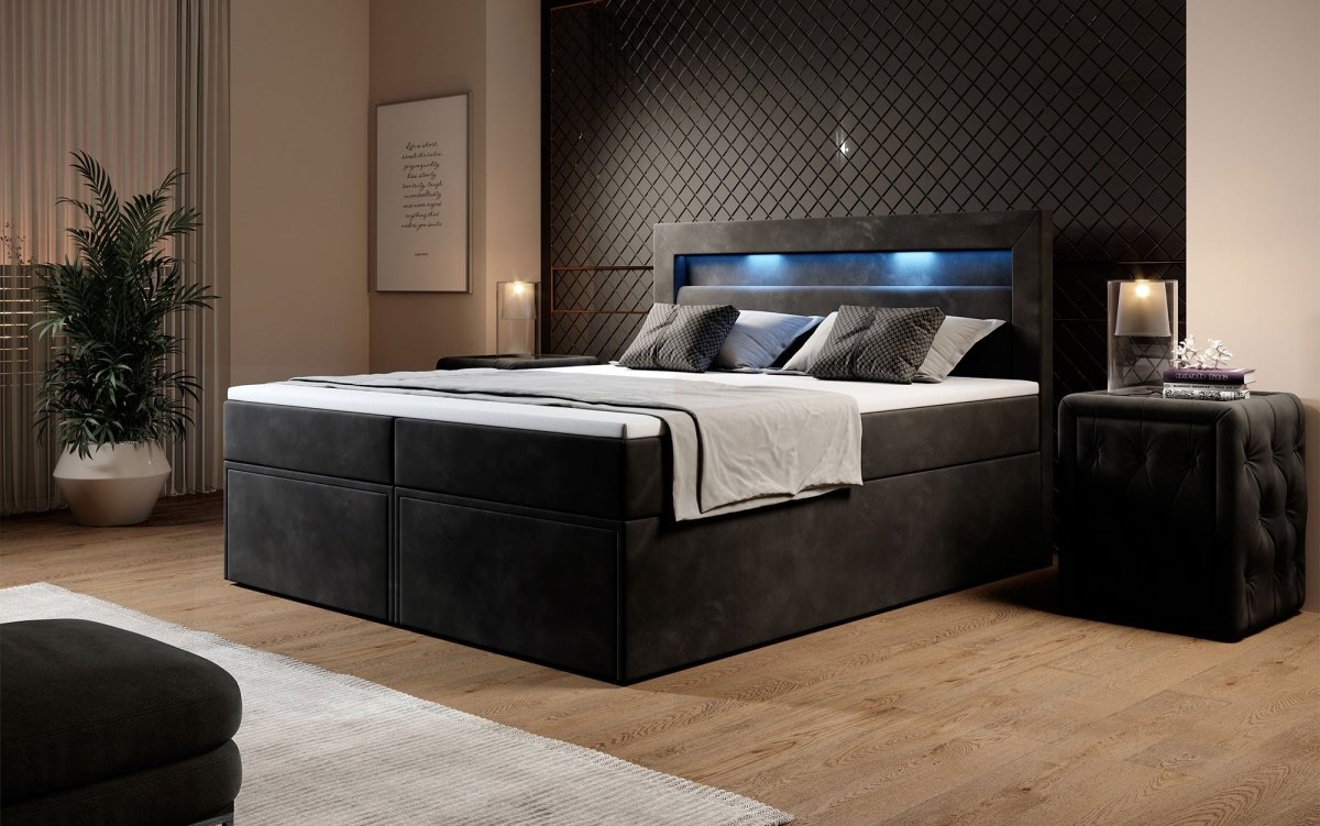 Luxuriöses Amélie Boxspringbett aus Samt mit LED-Beleuchtung und viel Stauraum