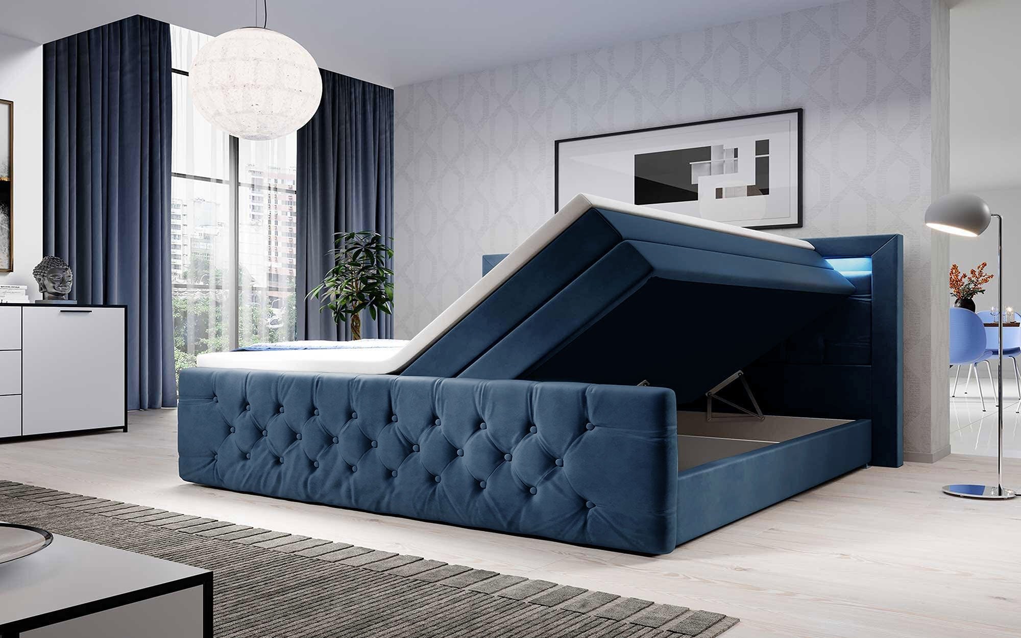 Luxuriöses Gloria Boxspringbett mit LED, Samtbezug und Stauraum