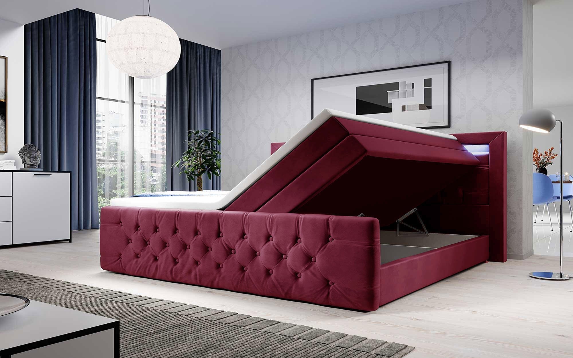 Luxuriöses Gloria Boxspringbett mit LED, Samtbezug und Stauraum