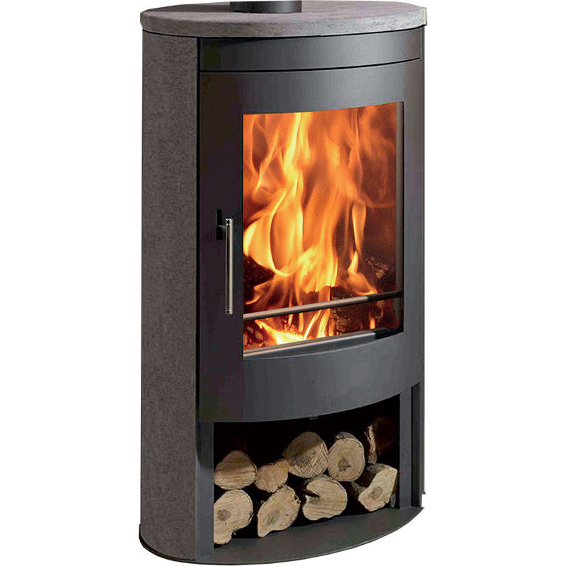 Panadero Oval 3S Dichter Holzkamin: 8,7 kW, Dreifach-Verbrennung, Naturstein, großes Sichtfenster