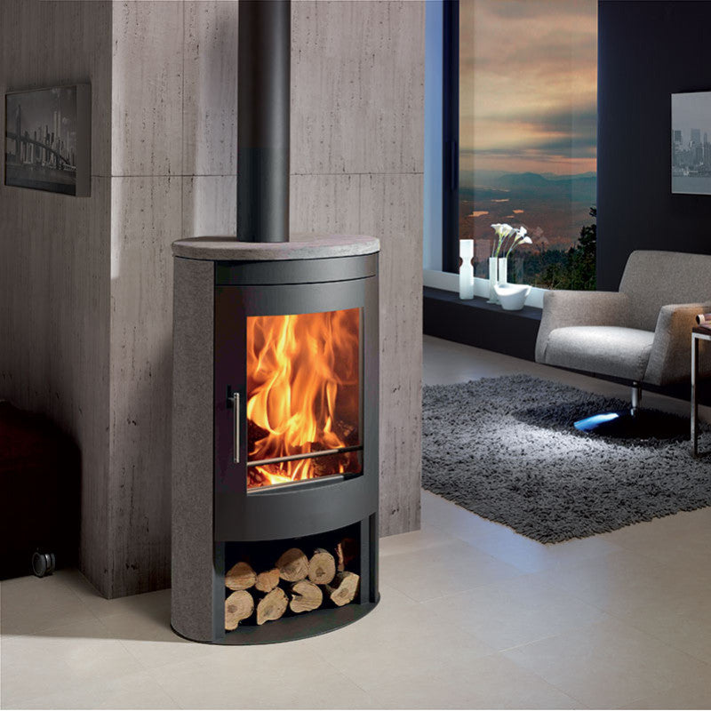 Panadero Oval 3S Dichter Holzkamin: 8,7 kW, Dreifach-Verbrennung, Naturstein, großes Sichtfenster