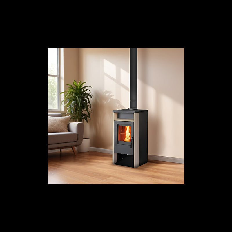 VEGA Sandstein Holzofen 6 kW: Effizienter Kamin mit Holzablage und Selbstreinigungsglas